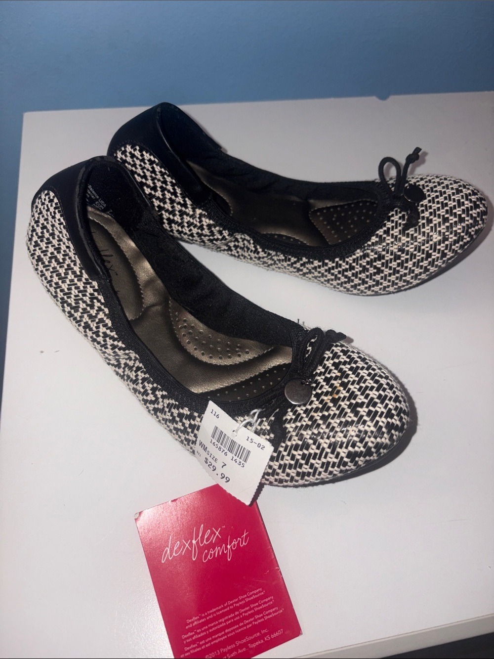 dexflex comfort Black & White Tweed Slip-On Ballet Flats with Bow Accent
